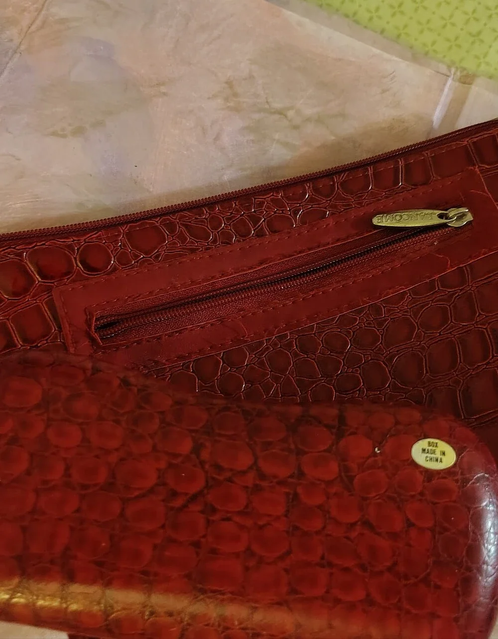 LANCOME BAGS Red Gator Textured Cosmetic Makeup Bag & Coordinating Eyeglass Case
